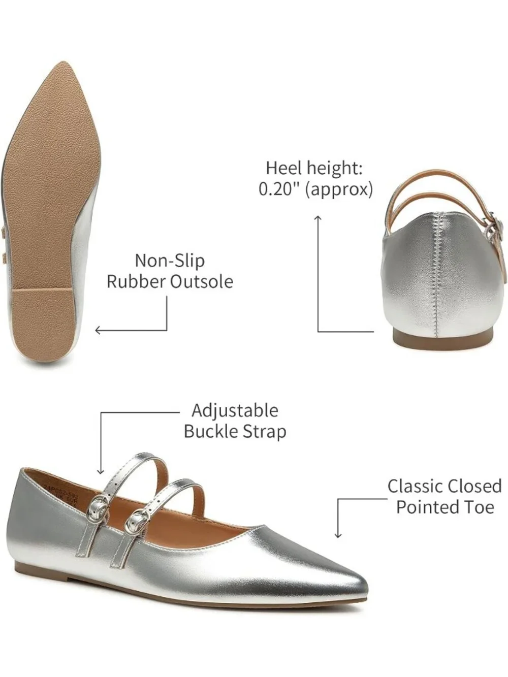 Women's Silver Mary Jane Shoes Women Closed Pointed Toe Ballet Flats Comfortable